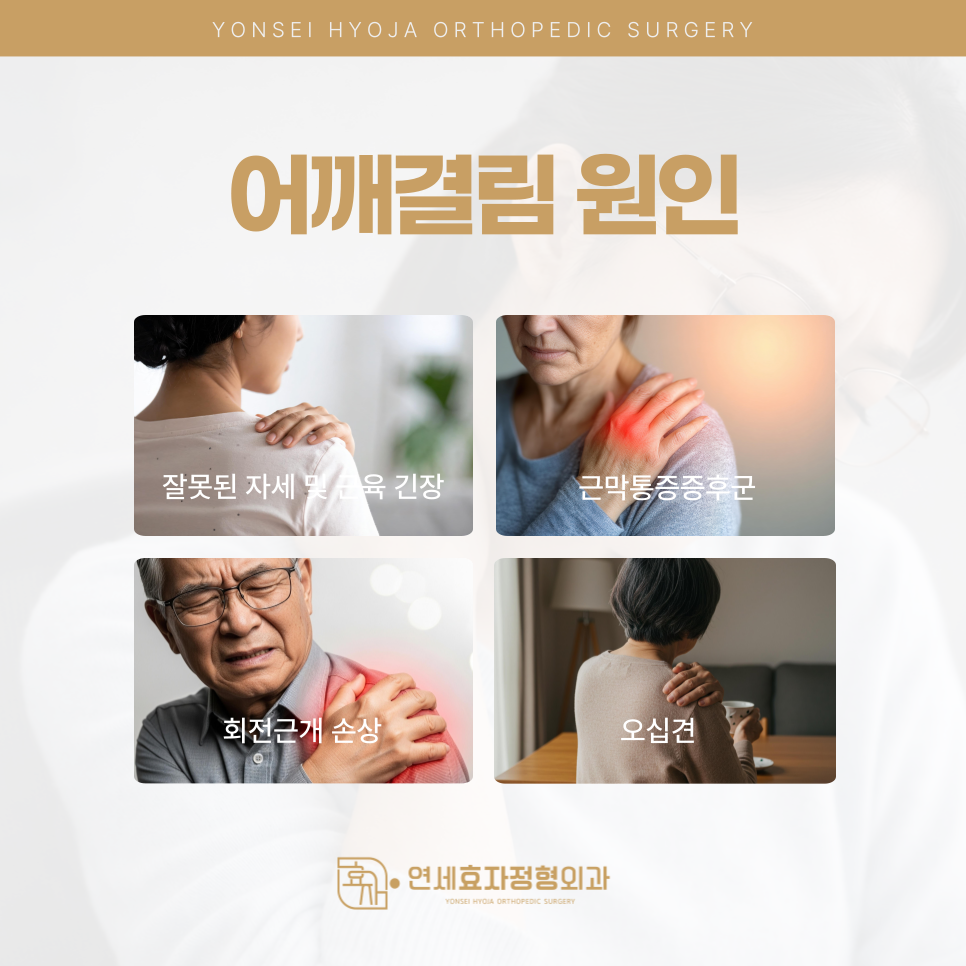 당산리더스정형외과 어깨결림 원인 안내 - 잘못된 자세 및 근육 긴장, 근막통증증후군, 회전근개 손상, 오십견